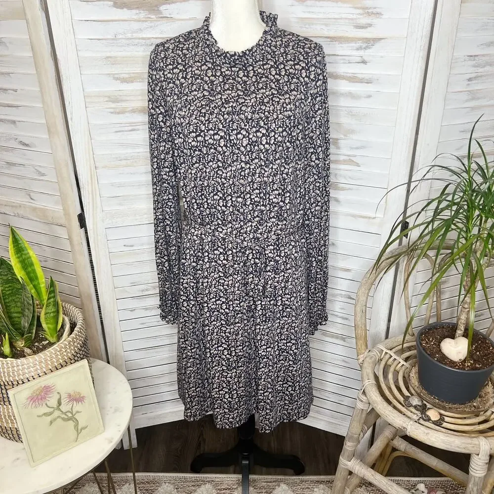 BODEN Women's 10R Long Sleeve Belted Shift Ditsy Floral Dress Beige Black Retro - Picture 2 of 15